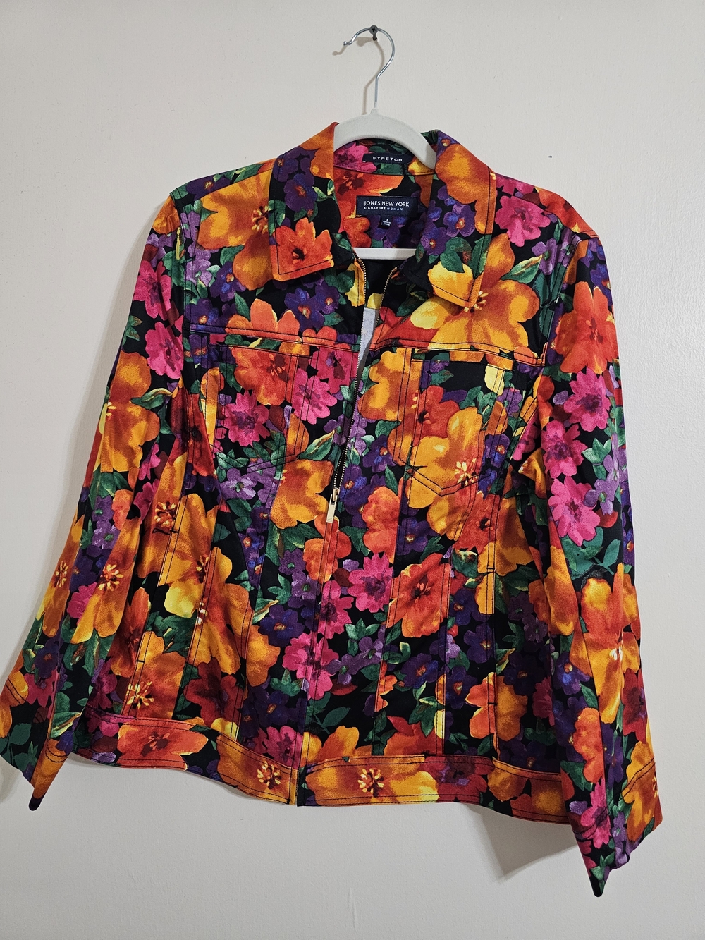 Jones New York 1X Stretch Floral Jacket - Vibrant Multicolor Zip Front